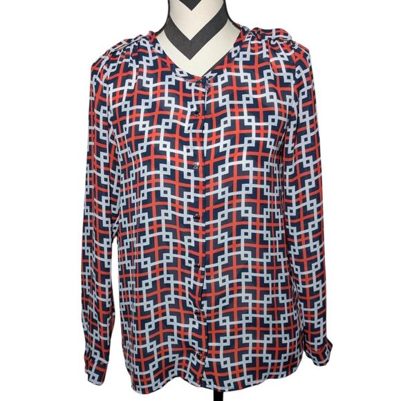 MICHAEL Michael Kors S Orange Navy White Geometric Print Blouse - Picture 1 of 4